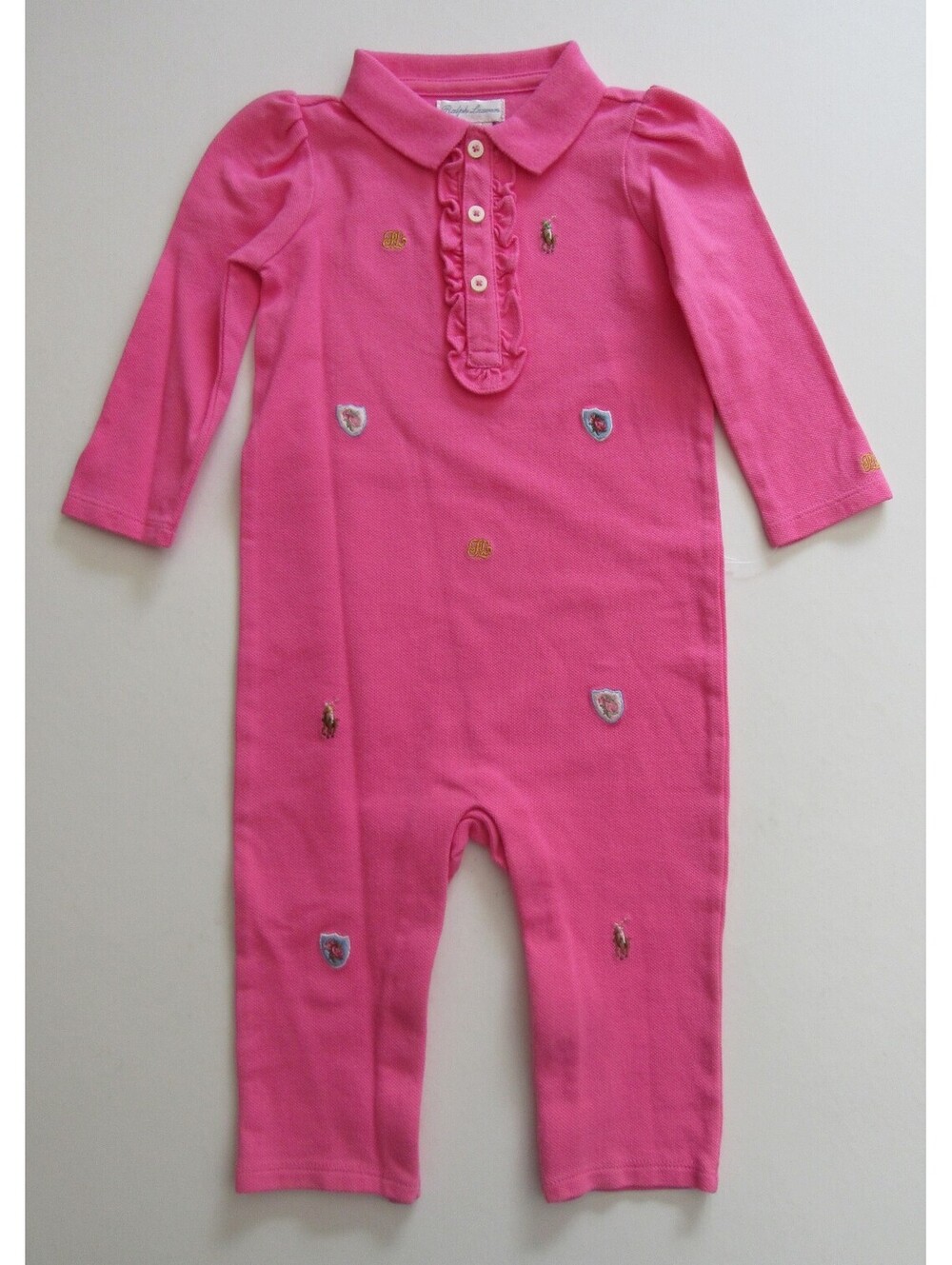 Polo Ralph Lauren Baby Girls One Piece Long Sleeve All Over Logo Romper Pink 9 M